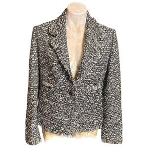 Veronica Virta Couture tweed jacket blazer black white gray silver fringed Sz XL